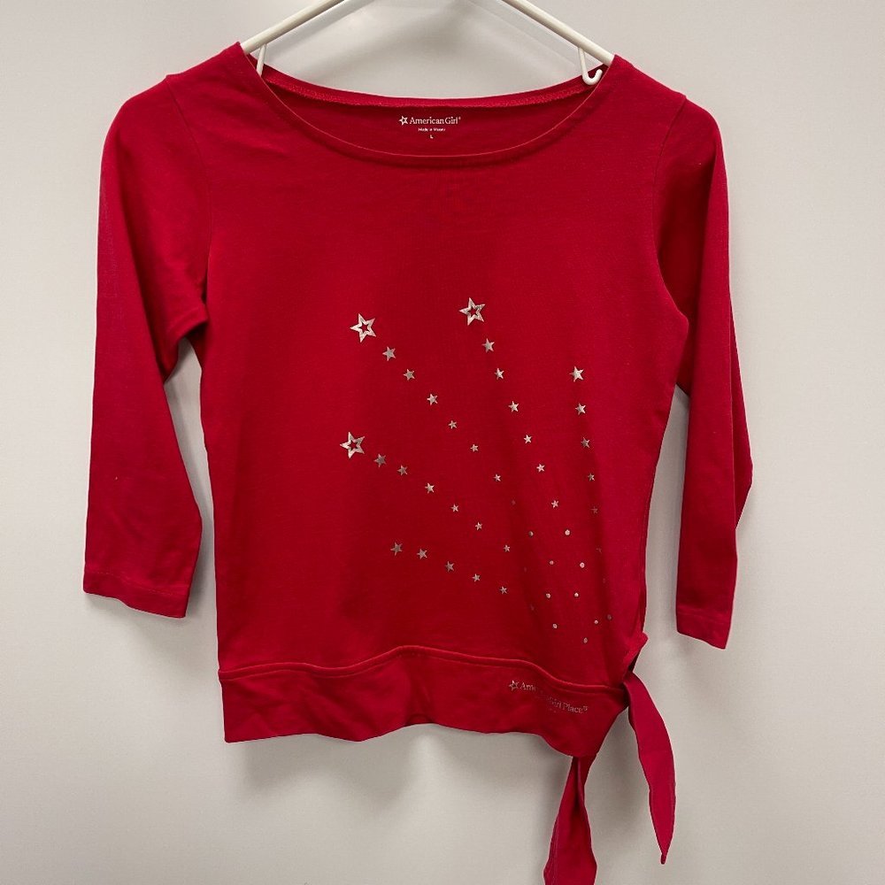 American Girl Red Tie Side Top with metallic silver Starburst Size‎ L